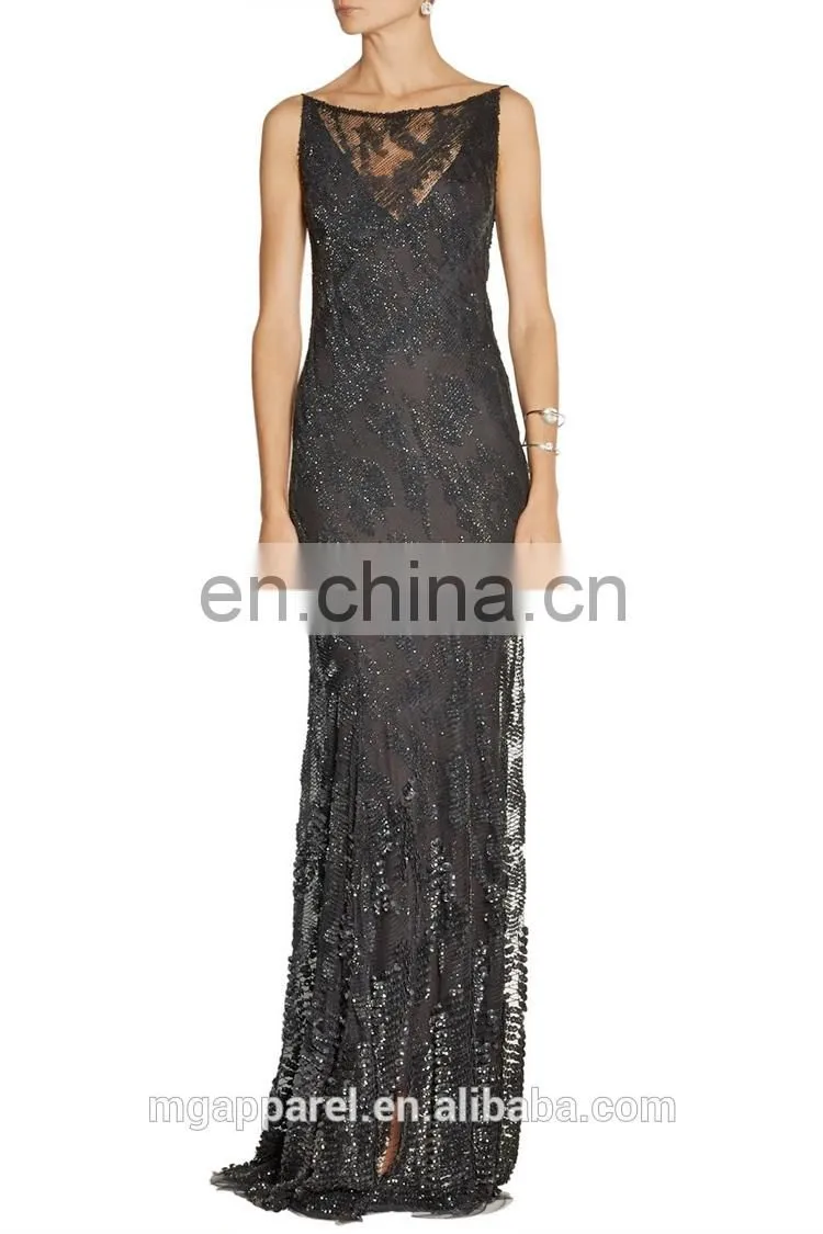 ladies long night dress sexy black gown sexy open back dresses embellished tulle evening gown