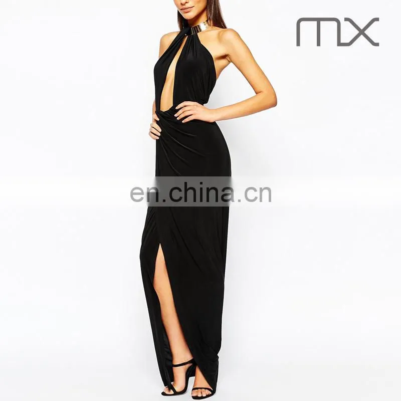 Club fishtail maxi dres full length party dress female sexy night dress sexy spandex club dress with metal necklace