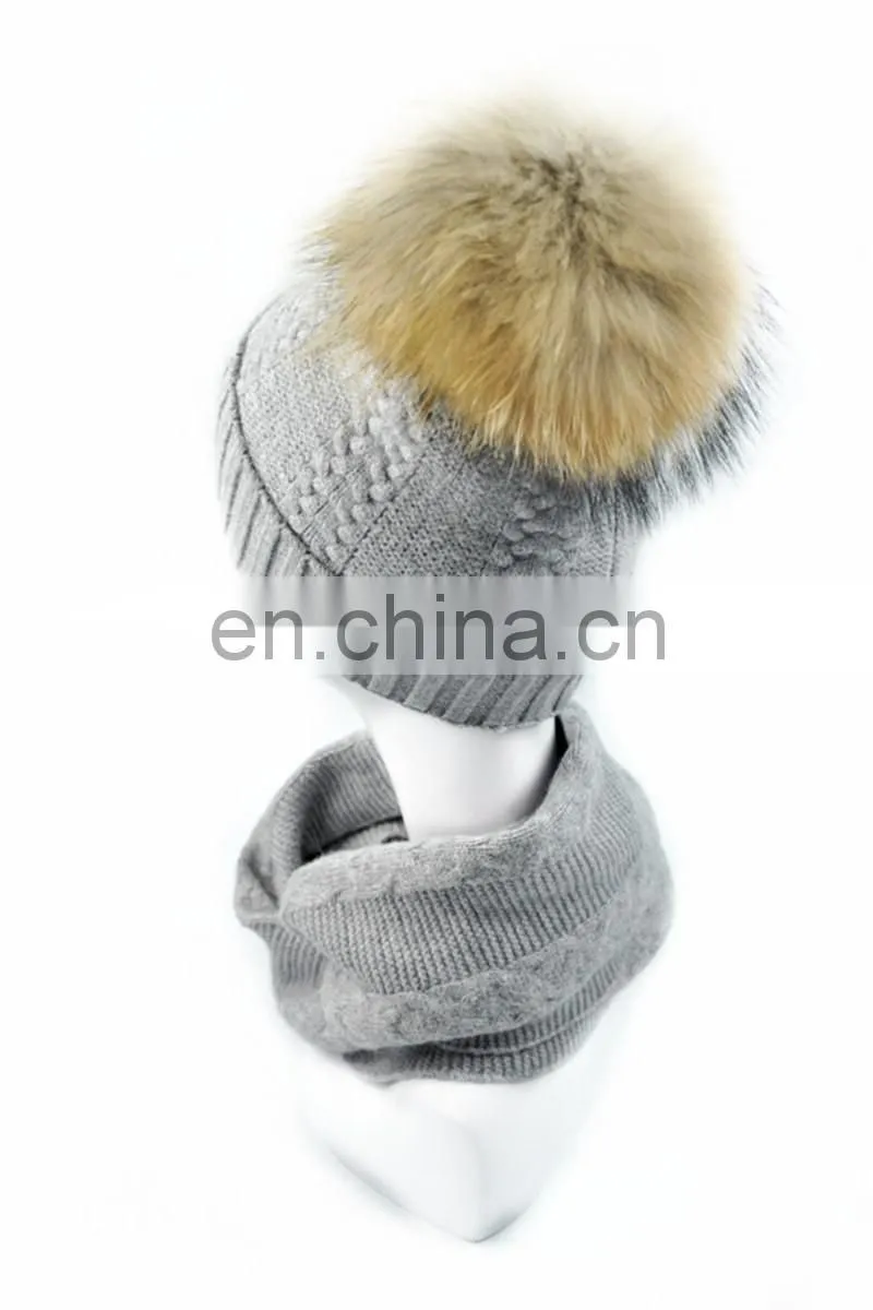 Factory Direct Wool Knitted Scarf Women Fur Pompom Winter Hat And Scarf Set