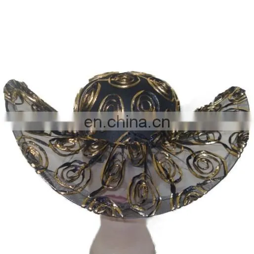 MCH-2251 Fashion cheap wholesale ladies various party wide warping brim floppy gauze hat with pattern