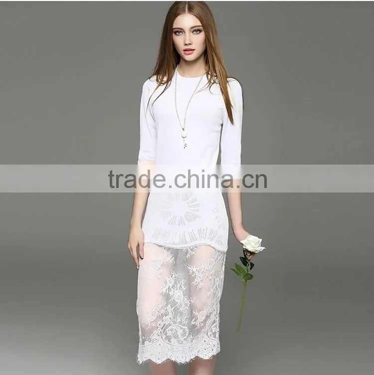 2017 hot new lady hollow knit dress half sleeve slim hip long lace dress with lace hem