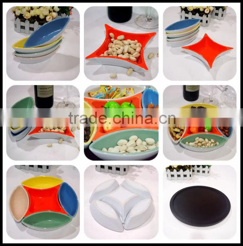 stoneware color glazed snack dish set with MDF tray plte