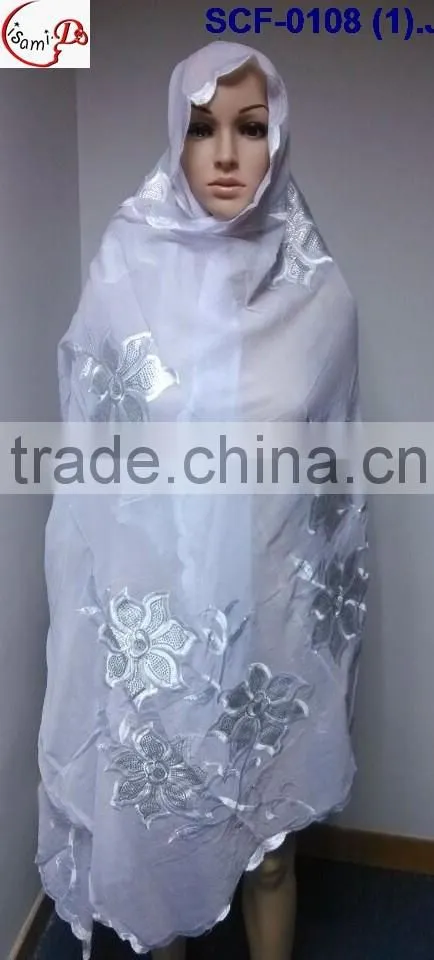 SCF -0108 white 2016 New coming design nice Muslim embroidery scarf ,shawls , pashmina shawl scarf , fashion women long scarf