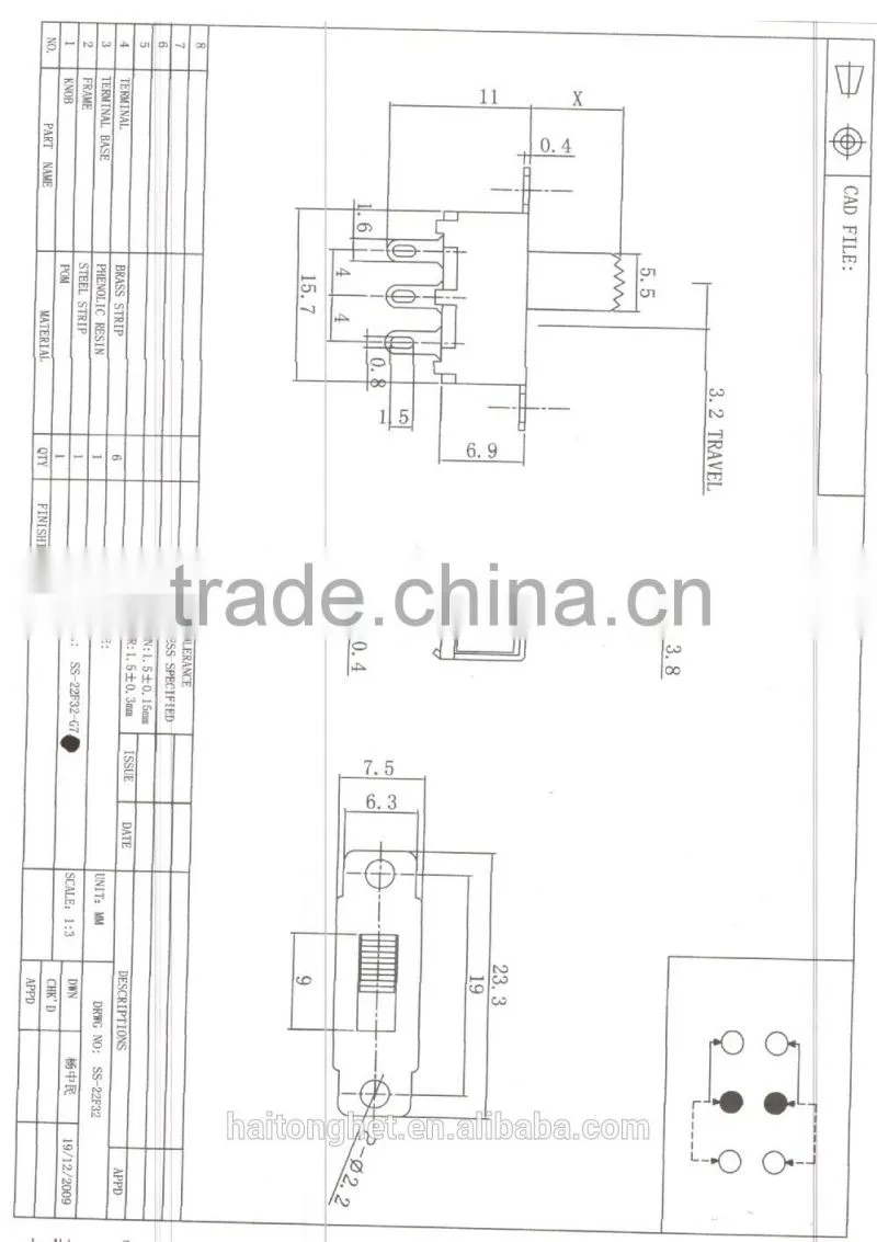 mini slide switch 6pin 2way SS22F32G7 china supplier