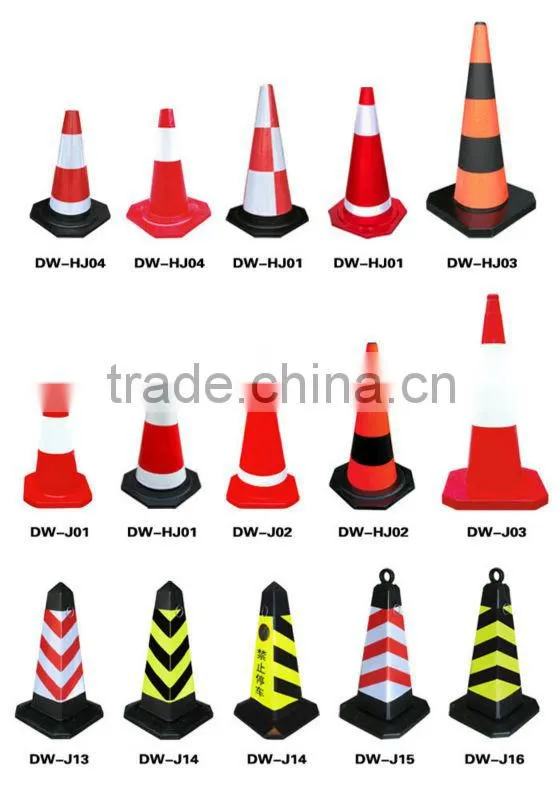 Yellow and black plastic traffic cones
