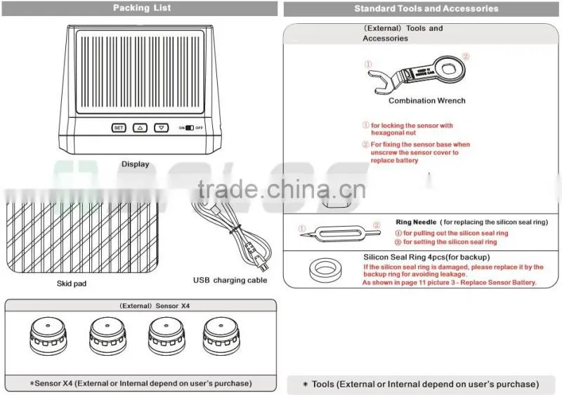 Car Solar Power System TPMS with 4 External Sensors tire pressure gauge car diagnostic tool