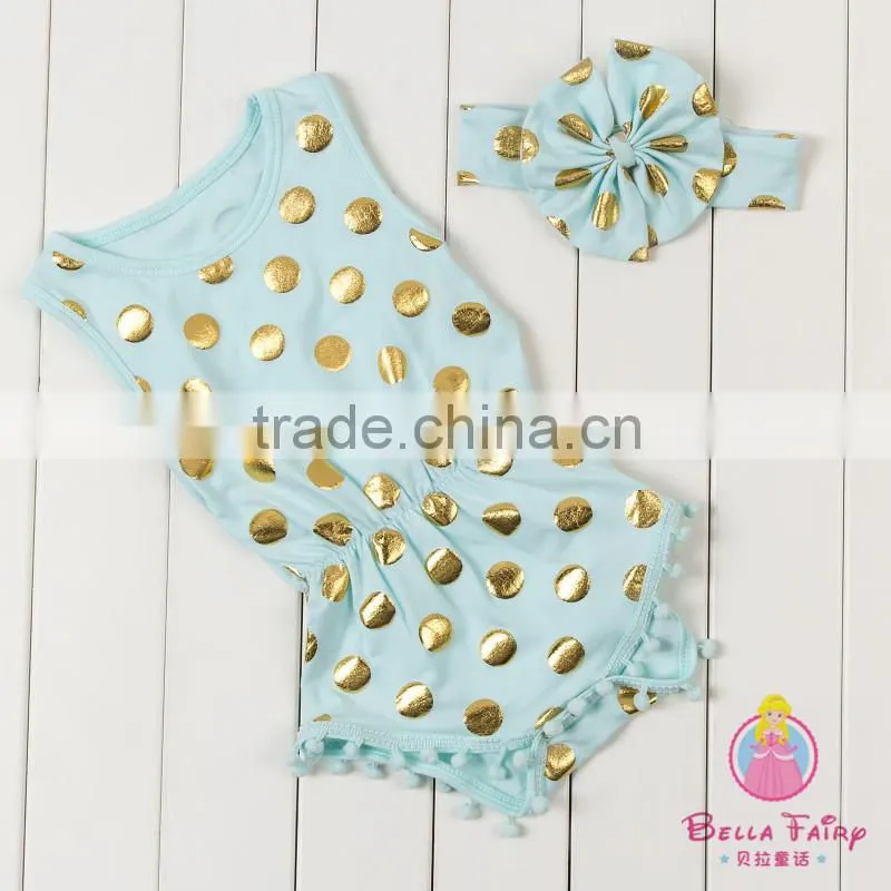 Wholesale baby romper with pompom trim, indian pompom jumpsuit for baby girl