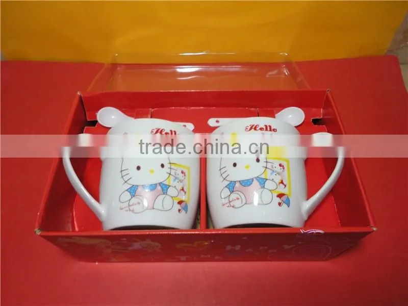 High quality hotel white porcelain coffee cups/hello kitty mug with PP spoon