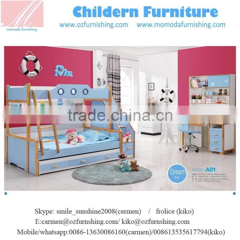SJ802 white color fashion MDF bunk bed withStep ladder for kids
