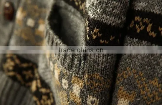The long sleeve national print design deep V neck knitting pullover casual men knitted sweater