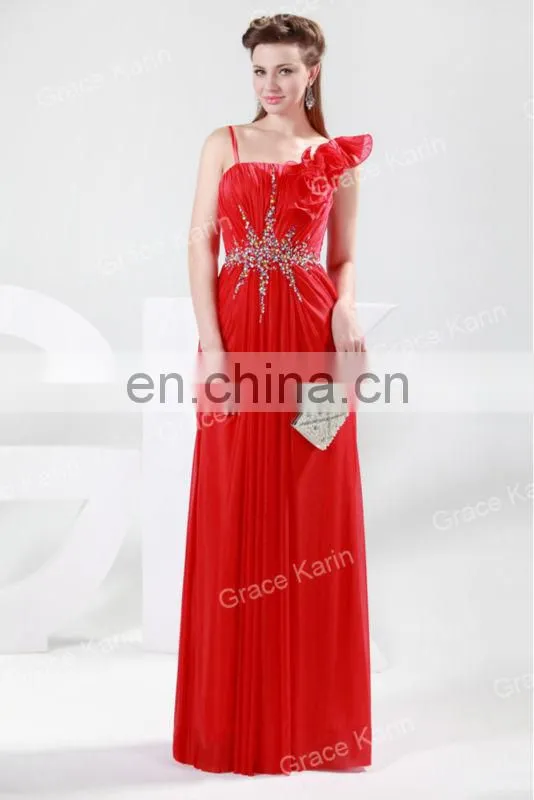 Grace Karin One Shoulder Flower Floor Length Black And Red Evening Dresses CL4448-1
