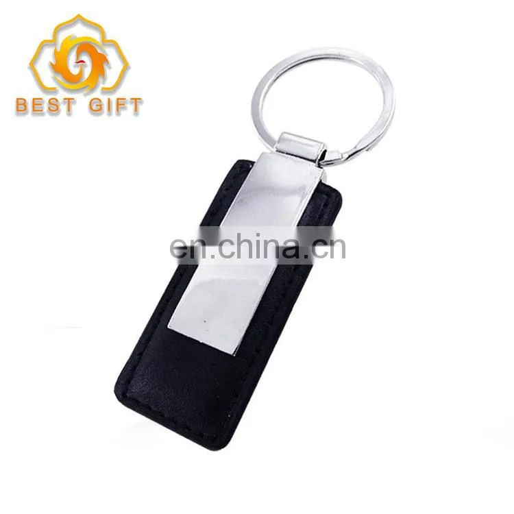 Chinese Supplies Black Leather Keyring With Metal Plate