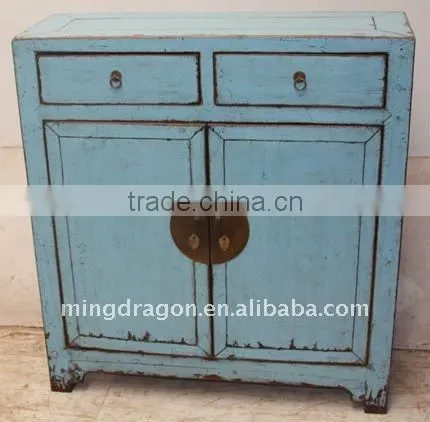 Antique Chinese Blue Wooden Two Door Two Drawer Cabinet