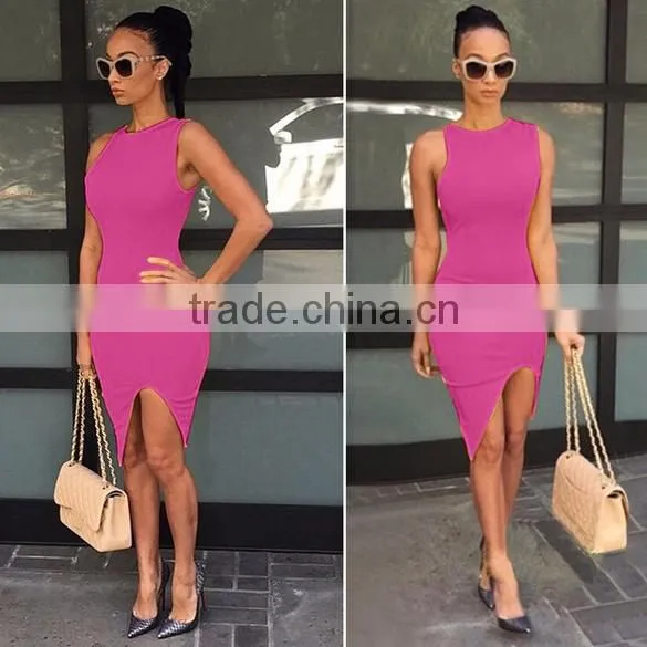 Sexy Women O-Neck Sleeveless Asymmetric Hem Solid Slim Bodycon Split Casual Dress