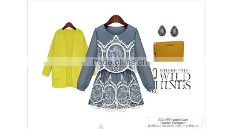 2015 fashion high quality New Arrival hot sale new ladies denim hollow out dress crochet lace pattern denim dress