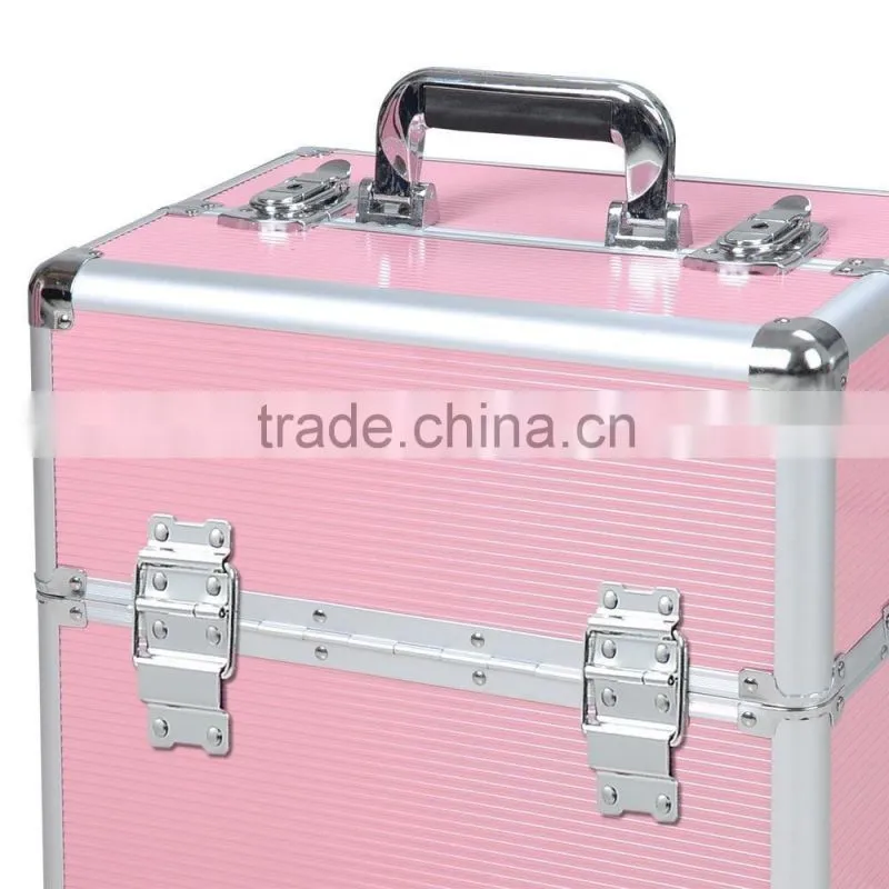 38" Pink 2 in1 Aluminum Rolling Makeup Train Case Lockable Wheeled Cosmetic Box