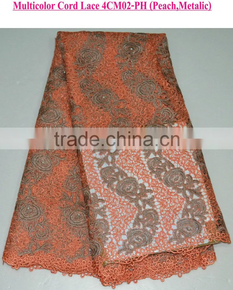 2015 New fashion lace fabric for nigerian party with pearls african cord lace colorful chemical lace
