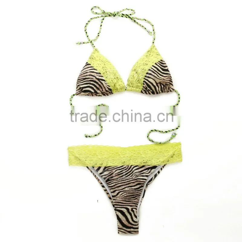 RELLECIGA Lace Bikini Series - Zebra Print + Neon Yellow Lace Sexy Triangle Top with Brazilian Cut Scrunch Bottom