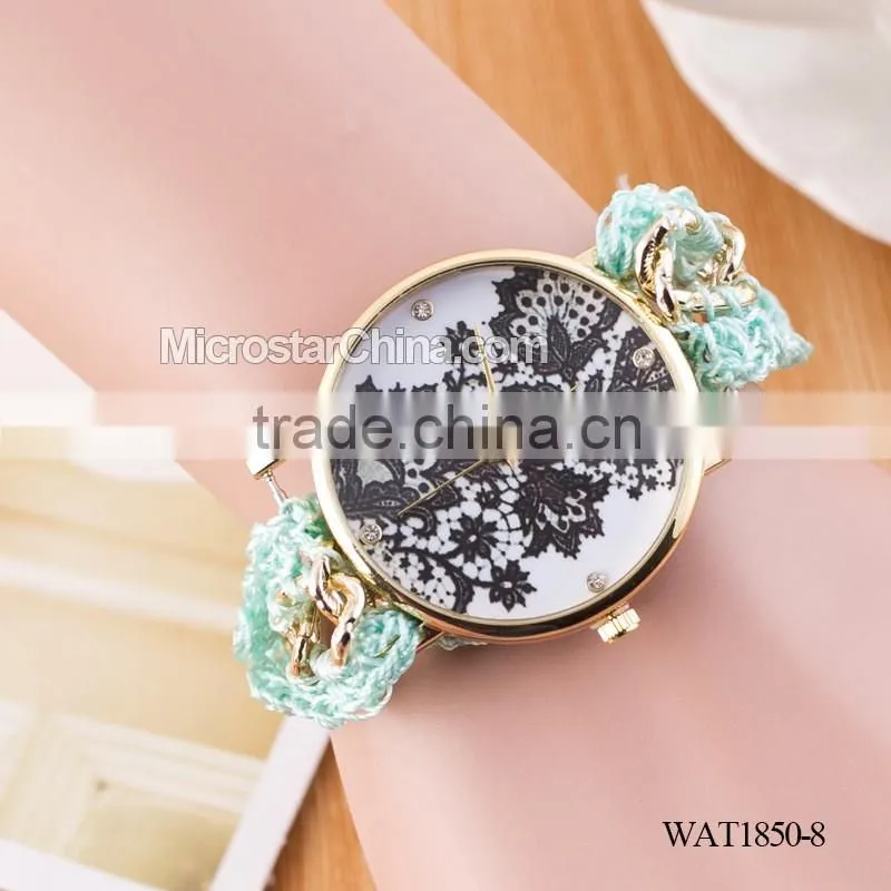 DIY hand made woven chain black flower fashion lady watch