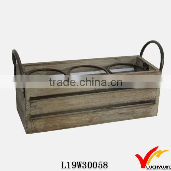 antique side slatted Wooden Wine Holder with metal handle