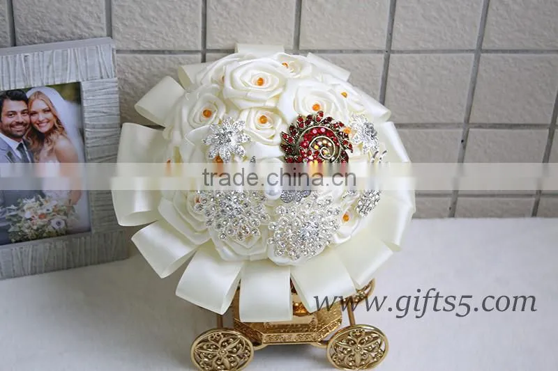 Amazing Wedding Bouquet with Rhinestones Beadings Pearls and Glaring Jewels Satin Ribbon Bow Knot