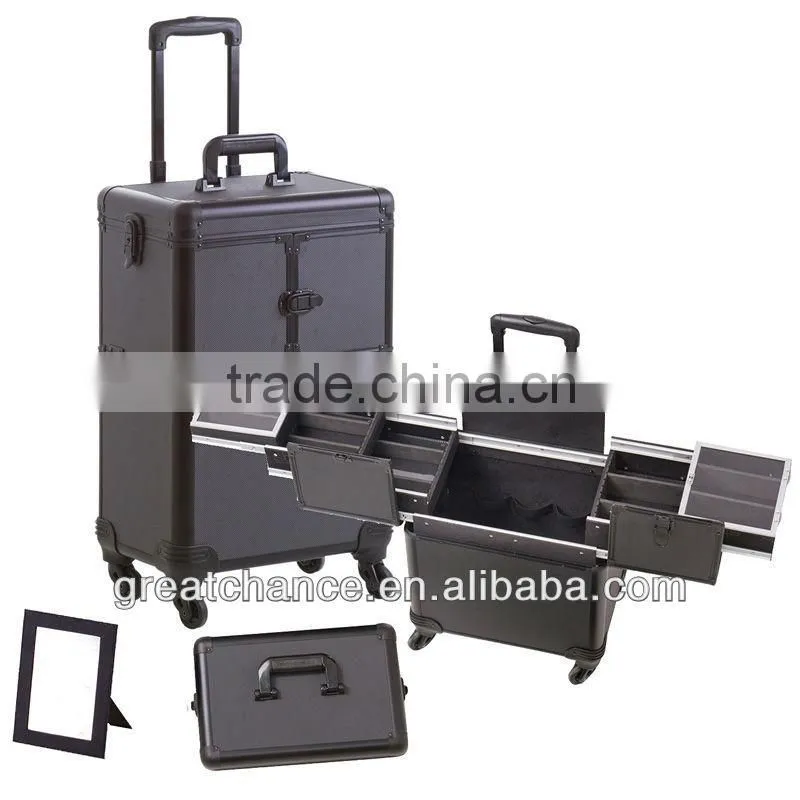Rolling Makeup Cosmetic Train Case Hair Stylist 4-Wheel Black Aluminum
