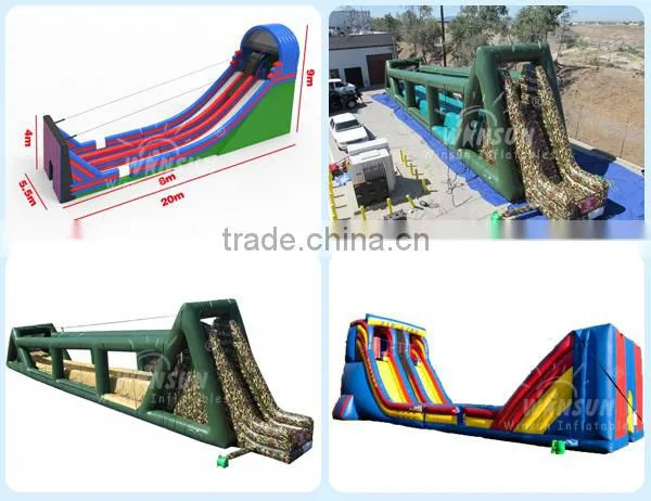 EN14960 giant inflatable zip line with slide obstacle