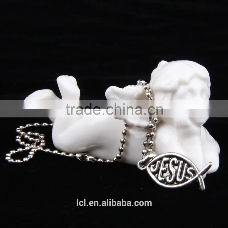 Fashion imitation jewelry necklace, antique imitation silver religious bead necklace with fish pendant