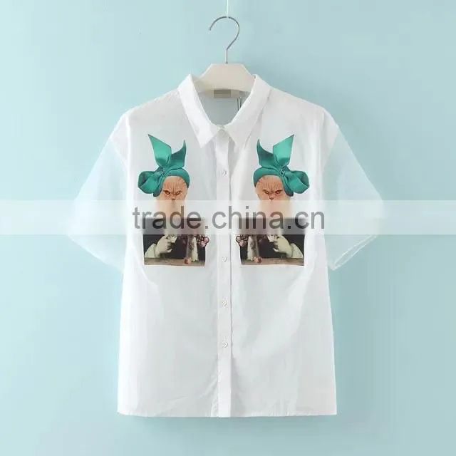 Simple style chiffin wihte V neck no collar 7 sleeve women casual bouse