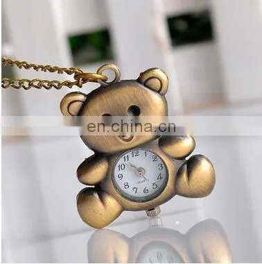 New Fashion Cute Pocket Watch Little Bear Pendant Necklace Women Dress Quartz Watches Gift