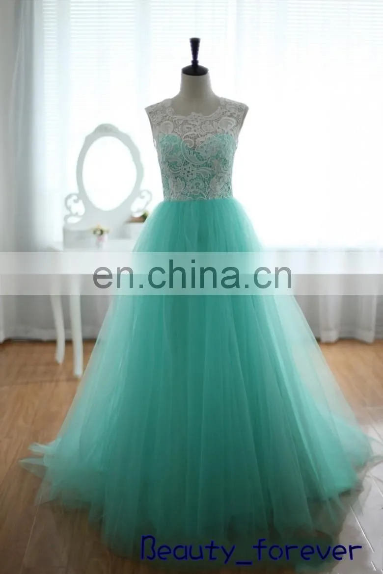 Free Shipping Cheap Jewel Collar Sleeveless Pleat Lace and Tulle Blue A-line Long Real Evening Dress Express