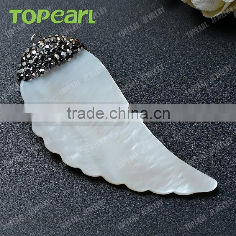 Topearl Jewelry Angel Wing White Shell Pendant Rhinestones Clay Pave Red Agate Stone Pendant for Women SPD04