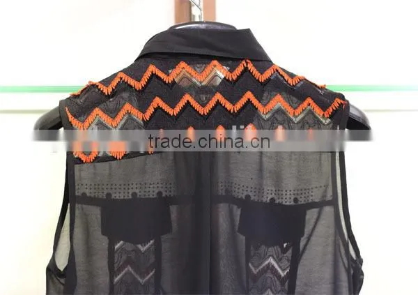 Women's corrugated sleeveless chiffon tops with a shirt collar