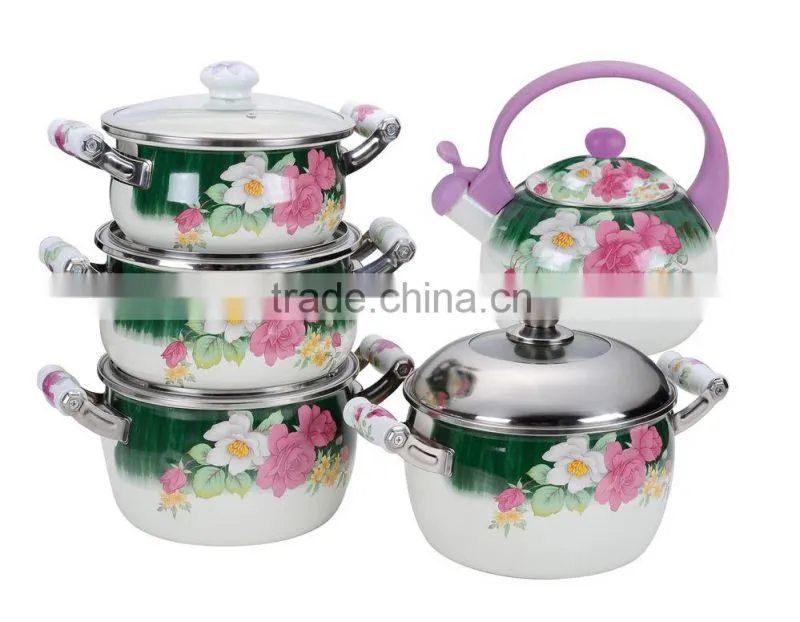 Hot selling enamel cookware sets & tea pot with full decals