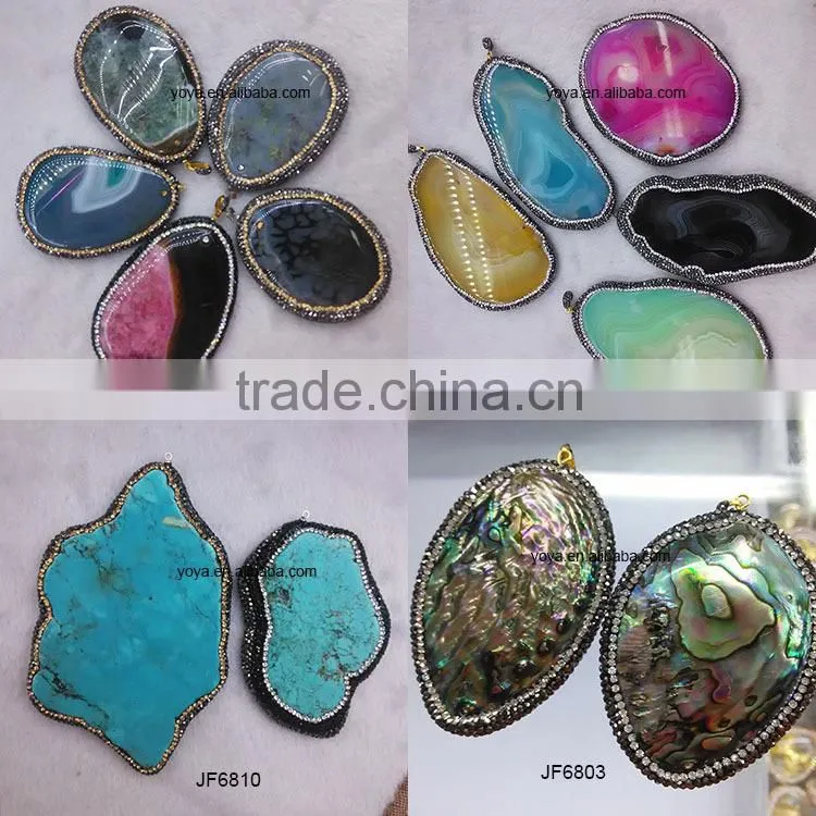 JF6882 Fashion crystal pave freefrom turquoise slab slice pendants