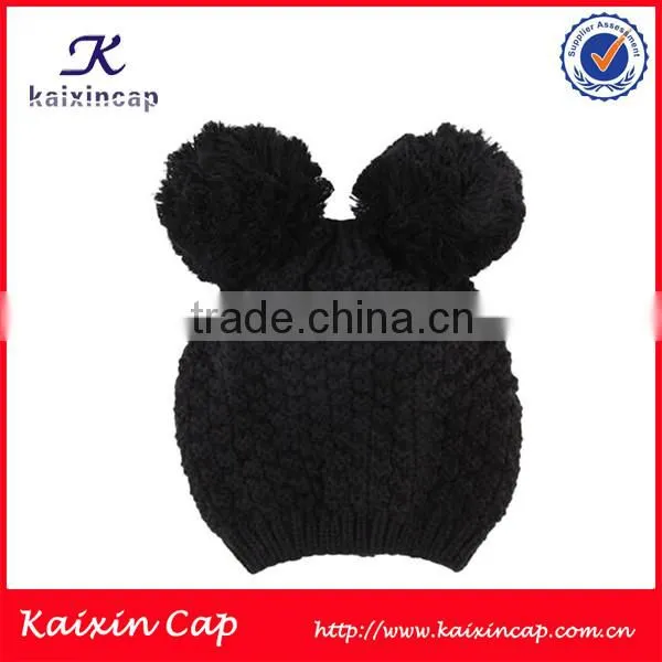 high quality black baby knit winter beanie hat with two balls