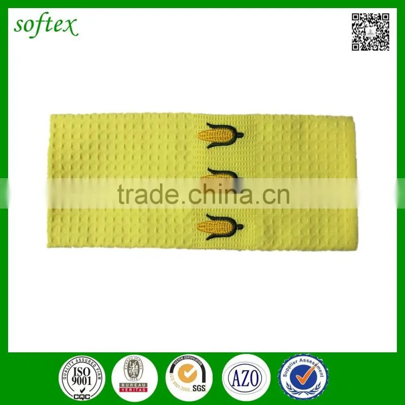 new premium waffle weave promotional beautiful embroidered yellow tea towels