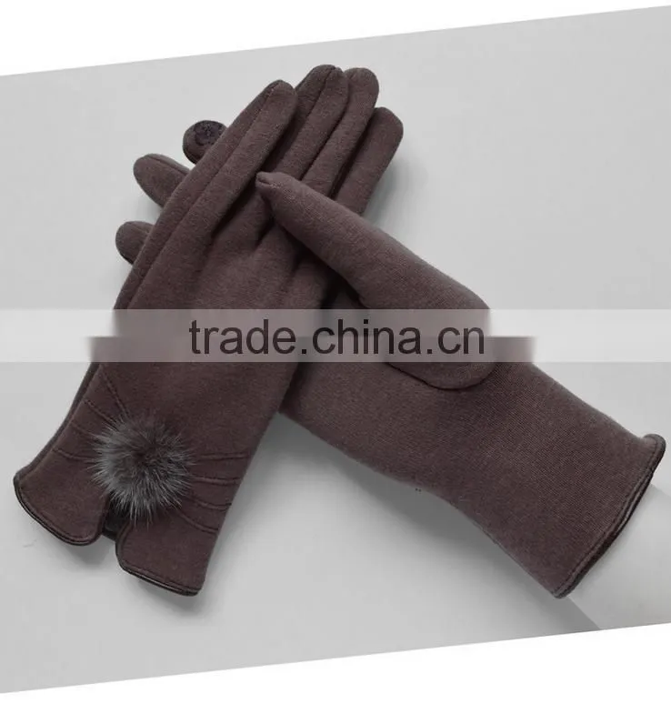 Wholesale Comfortable Winter Girls Rabbit Fur balls Cuff Thick Wool Gloves