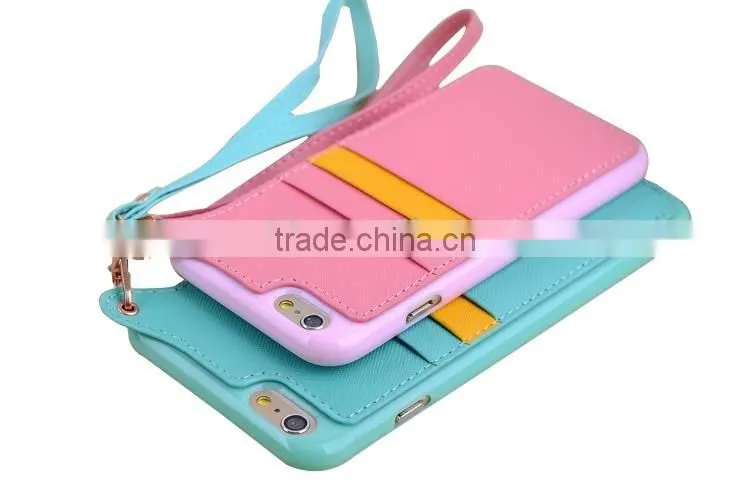 Ultra thin pu skin+tpu dual color cellphone pocket leather case for iphone 6/6s with hand rope