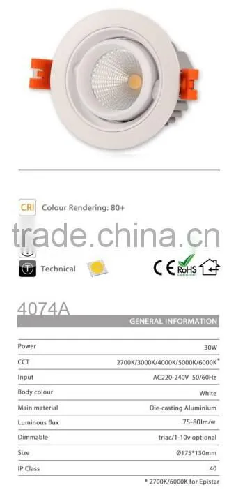 ON4070A Whosale High power 15W Dimmable COB LED conceal downlight