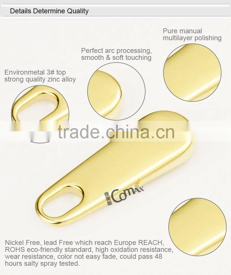 Custom Zinc Metal Flat Zip Puller and Slider With Plating Gold For Bag