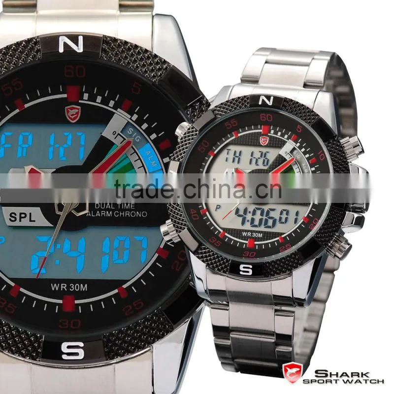 Shark Mens Digital LCD Dual time Quartz Stainless Steel Sport Watch