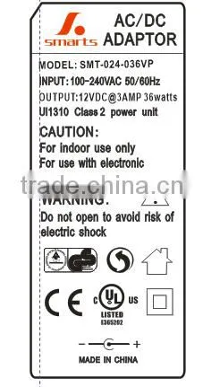 100-240vac 47-63Hz ac dc power adapter 24v 1500ma power supply