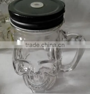 cheap stylish skull head glass mason mug with handle and black lid