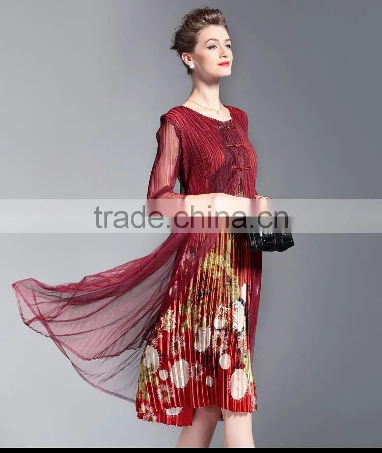 Grace flower printed false two pieces draped retro vintage dress for lady