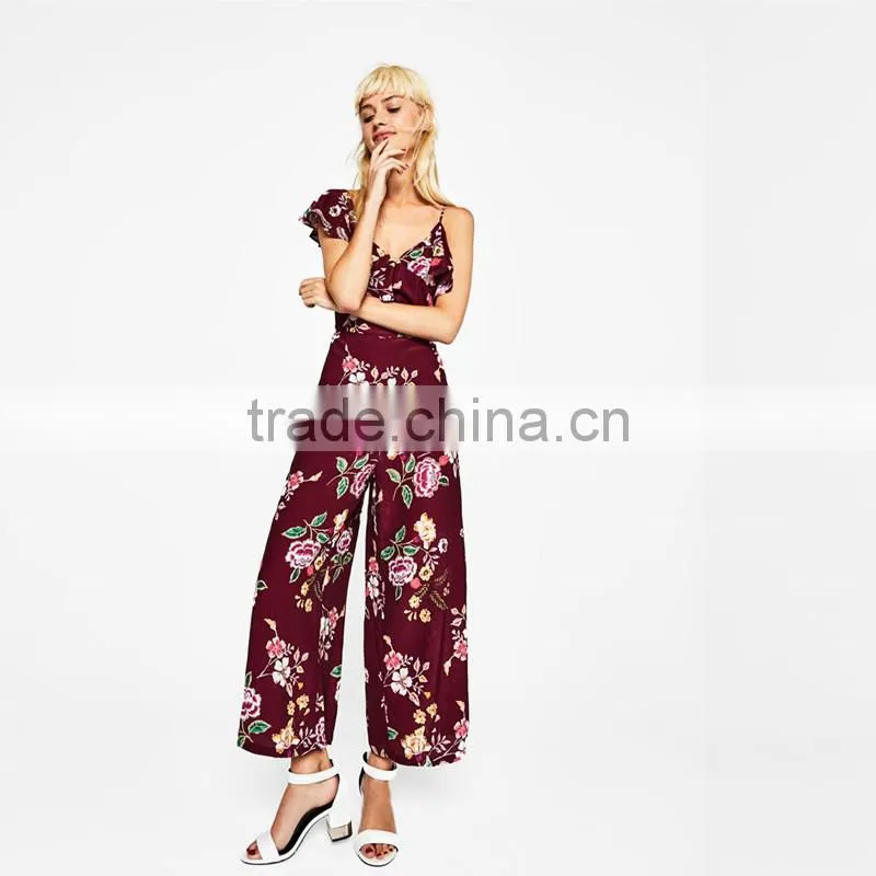 2017 Hot sale woman floral printed, sexy irregular sleeve jumpsuits