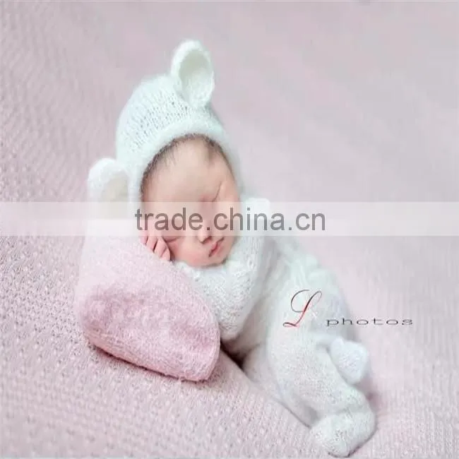 Mohair baby romper and bonnet sets Newborn knit pant photography props Baby mohair hooded romper Luxury overall outfit Sitter