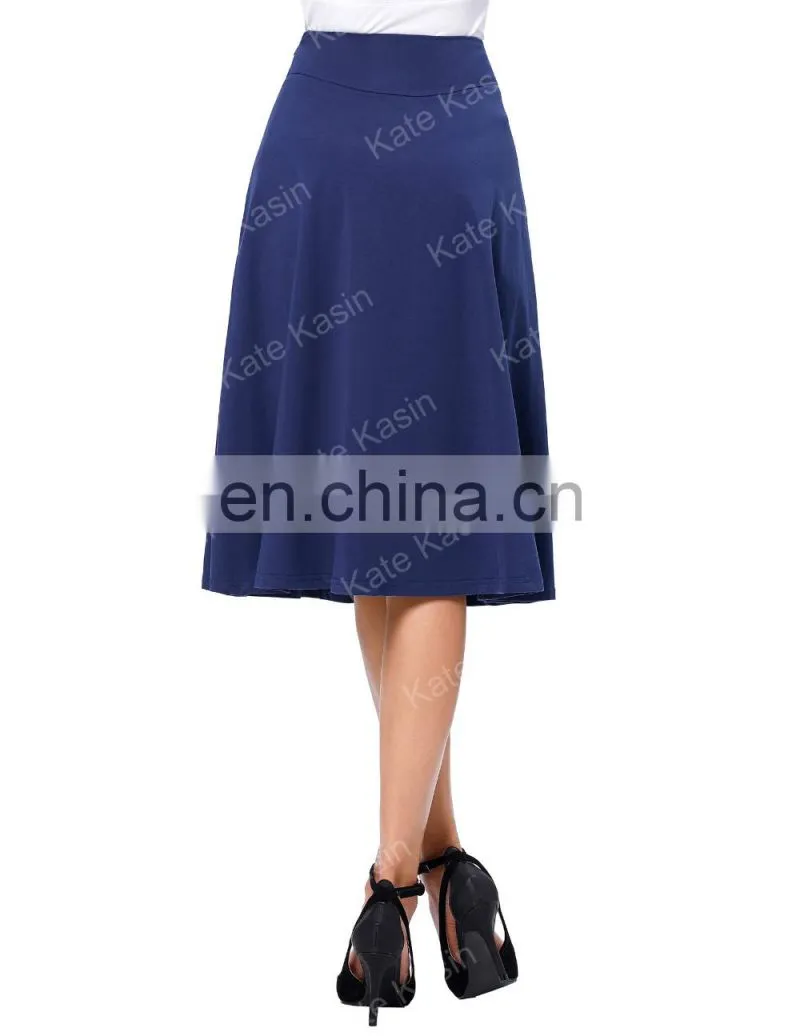 Kate Kasin Occident Women's High Stretchy Navy Cotton High Waist A line Flared Skirt KK000279-2