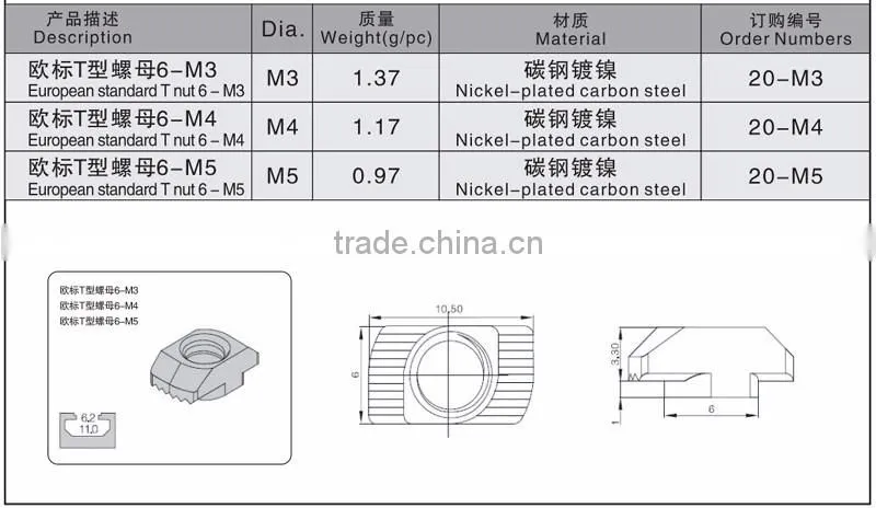 M5 Hammer Nut Aluminum Connector T Fastener Sliding Nut Nickel Plated Carbon Steel for 2020 Aluminum Profile