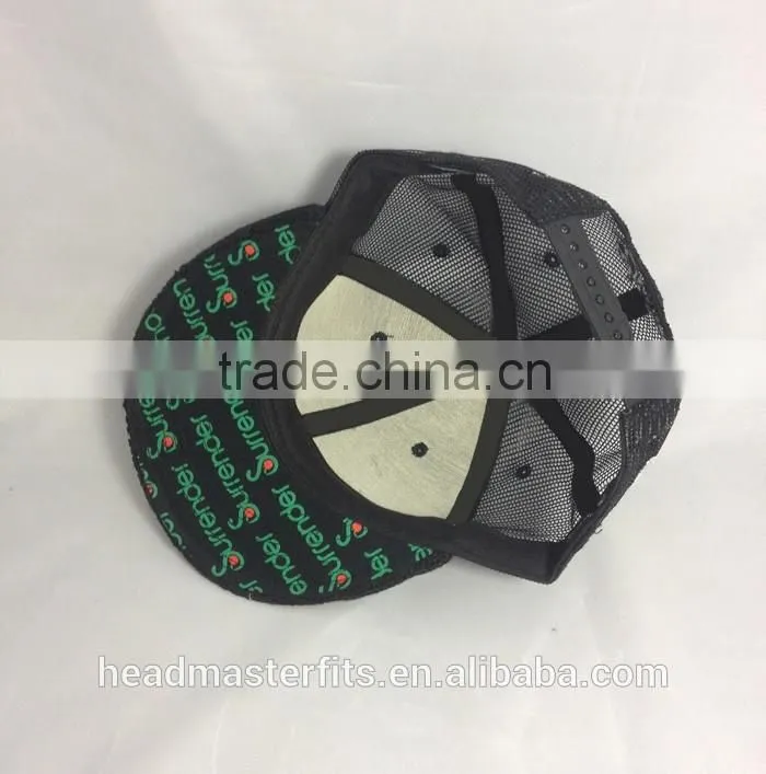 Custom embroidery black knitted crochet printed flat underbrim mesh trucker snapback cap